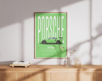 Poster Porsche 911 GT3 RS - groene polaroidmuurkunst supercar (digitale download)
