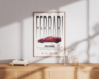 Ferrari SF90-autoposter: retro supercar-muurkunst (digitale download)