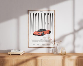 McLaren 765LT-poster: retro supercar-muurkunst (digitale download)