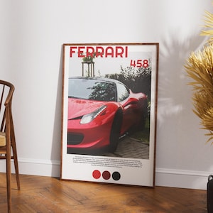 Póster de Ferrari 458 Italia: arte mural de coches estilo Polaroid: descarga digital: impresión automotriz de lujo: decoración de coches deportivos rojos retro
