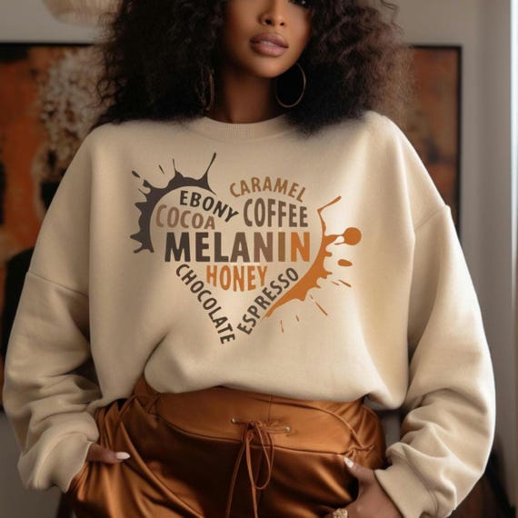 Melanin Unisex Sweatshirt, Black Woman Afrocentric Urban Fashion Gift for Her, Sister, Mom, Black Pride Power Ethnic Tan White Crewneck