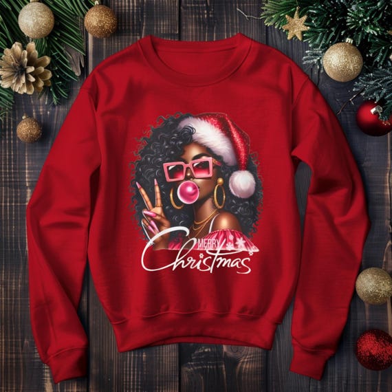 Afro Santa Girl Bubblegum Peace Sign Sweatshirt | Black Christmas Afrocentric Holiday