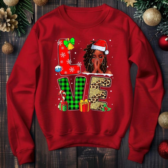 Black Woman Locs Christmas Sweatshirt, Red Holiday Sweater Gift for Mom, Wife, Friend, Daughter, Afrocentric Culture Xmas, Unisex Crewneck