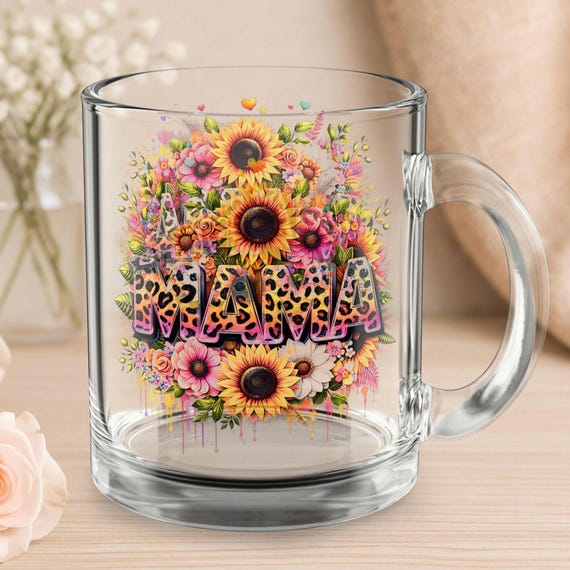 Floral Mama Glass Mug, 10oz - Perfect Gift for Mother's Day, Birthday, Coffee Lovers, Floral Decor Cup, Unique Drinkware