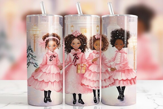 Pink Christmas Skinny Tumbler, Afrocentric Black Girl Gift, African American Christmas Decor, 20oz Holiday Tumbler, Cute Christmas Gift for