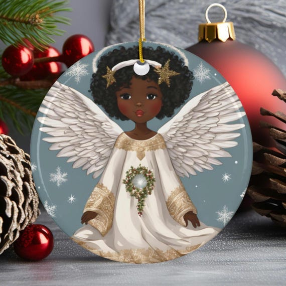 Afrocentric Angel Wing Ceramic Ornament: Black Christmas Tree Decor