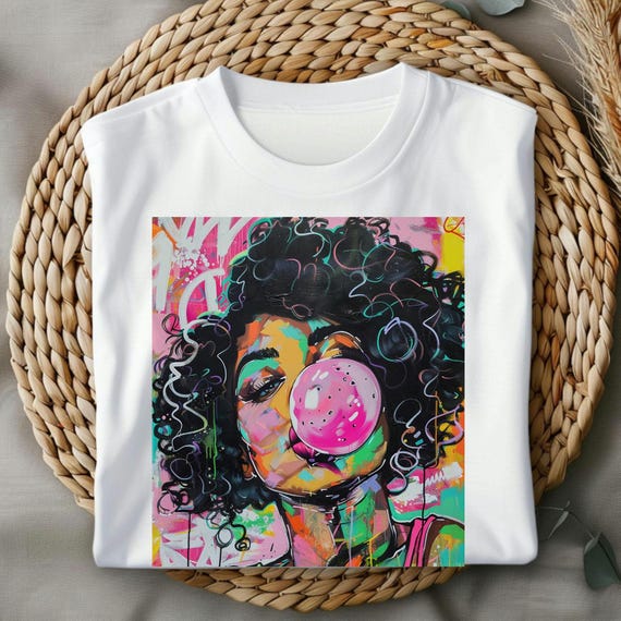 Urban Artistic Woman Curly Hair Bubble Gum Tee, African American Bright Colors Unisex Cotton Shirt, Unique Design Gift for Her, Street Style