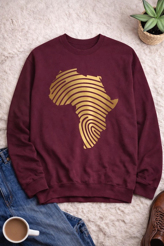 Africa Fingerprint Sweatshirt – Afrocentric Pride Crewneck, Gold Africa Map, Black Culture Unisex Pullover