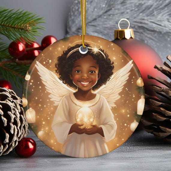 Ceramic Ornament - African American Girl Angel Ornament, Afrocentric Black Culture Christmas Gift for Daughter, Mom, Nana, Grandma,