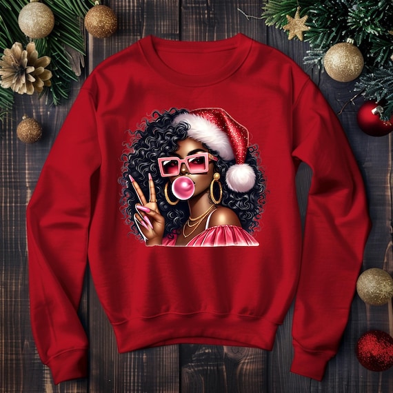Afro Santa Girl Bubblegum Peace Sign Sweatshirt | Black Christmas Afrocentric Holiday