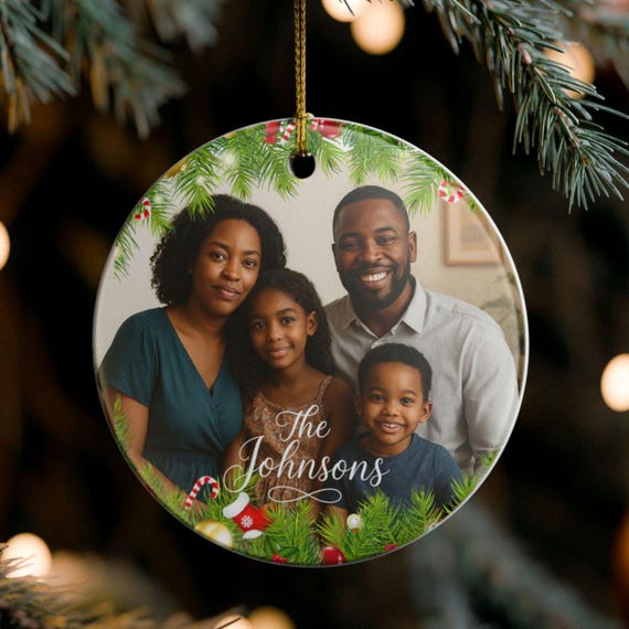 Personalized Family Photo Ceramic Ornament | Christmas Pine Wreath