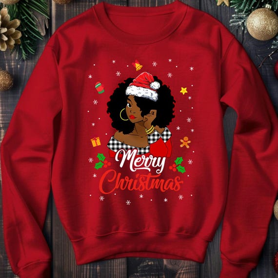 Black Woman Christmas Sweatshirt, Red Holiday Sweater Gift for Mom, Wife, Friend, Daughter, Afrocentric Culture Xmas Jumper, Unisex Crewneck