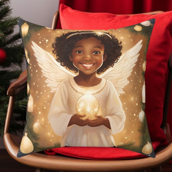 Christmas African American Angel Child Pillow, Afrocentric Christian Holiday Gift for Mom, Black Culture, gift for grandma, black pride,