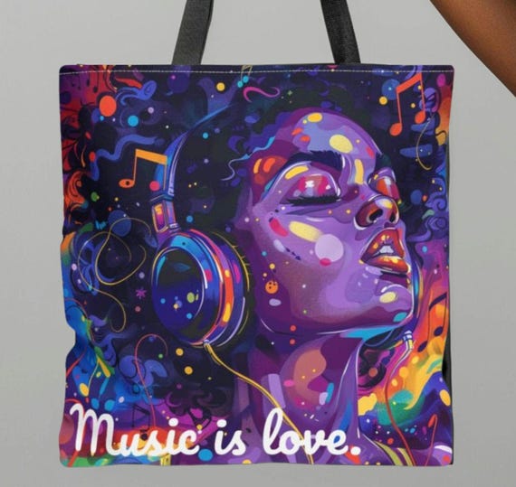 Afrocentric Black Woman Music Tote Bag, Personalized Purple Tote for Music Lovers, Black Art Fashion Gift, Urban Ethnic Sister Mom Daughter,