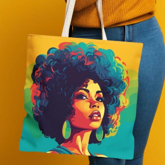 Black Women Afro Colorful Tote Bag, Empowerment Fashion Gift for Her, Wife, Daughter - Christmas Birthday Positive Style Accessory, Yellow