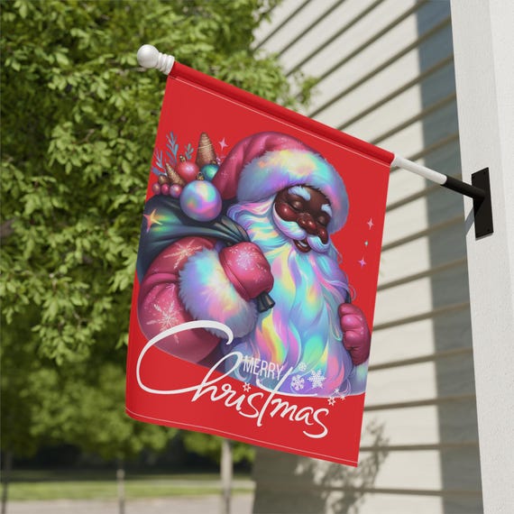 Rainbow Santa Claus Garden & House Banner | Black Santa Afrocentric Christmas