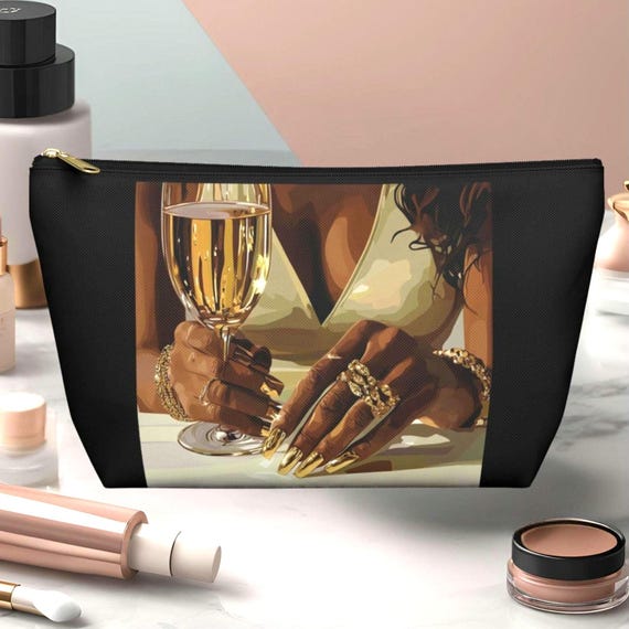 Accessory Pouch, Afrocentric Black Women Makeup Bag, Wine Lover Gift, African American Diva Fashion, Black Art Travel Organizer, Gift Her