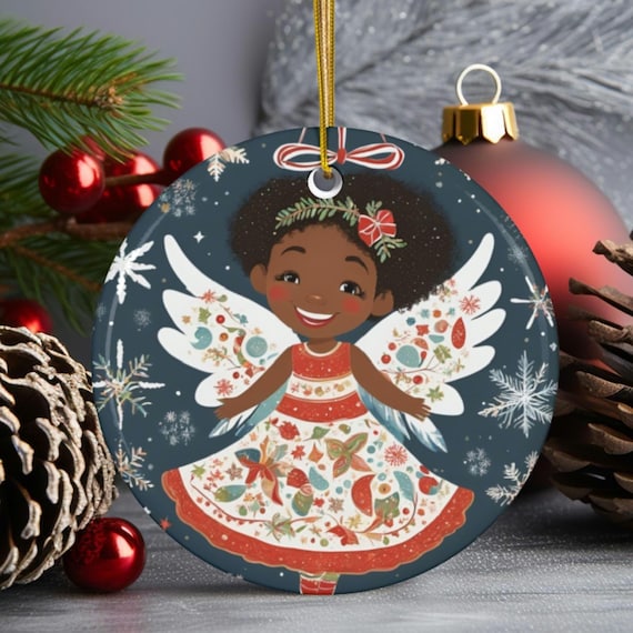 Ceramic Ornament - African American Girl Angel Ornament, Afrocentric Black Culture Christmas Gift for Daughter, Mom, Nana, Grandma,