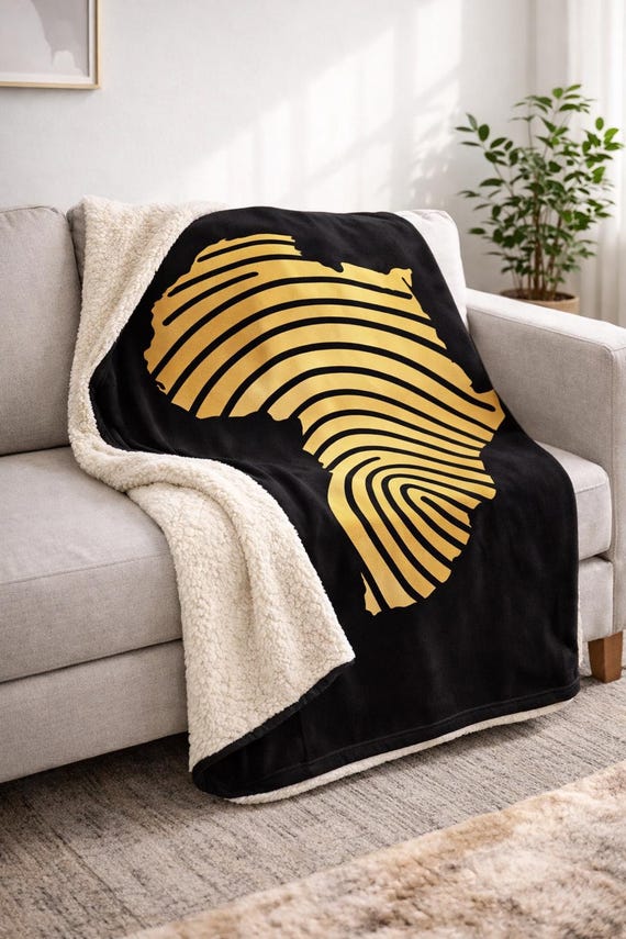 Black & Gold Africa Sherpa Throw Blanket | Cozy Fleece Afrocentric Decor | African Heritage Blanket