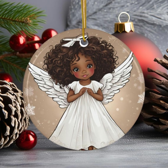 Ceramic Ornament - African American Girl Angel Ornament, Afrocentric Black Culture Christmas Gift for Daughter, Mom, Nana, Grandma,