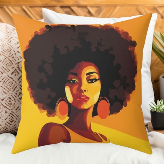 African American Woman Pillow, Spun Polyester Square Pillow, Yellow Home Decor, Black Empowerment Gift, Afro Pillow, Black Culture Cushion,