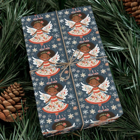 African American Black Culture Afrocentric Christmas Wrapping Paper, Angel Theme Eco-Friendly Elegant Holiday Gift Wrap