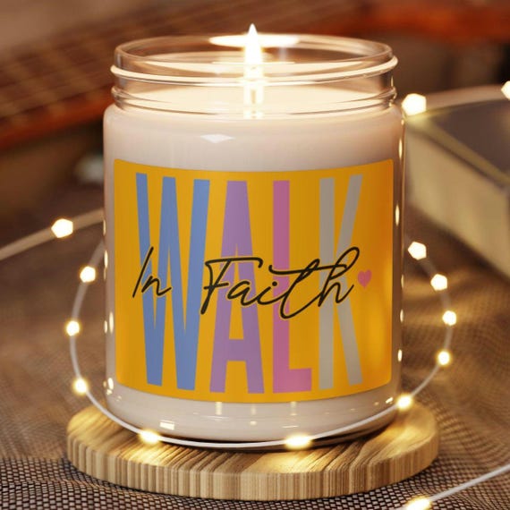 Christian Scented Soy Candle, Yellow Walk in Faith Candle, Religious Christmas Gift, Home Decor, Mom and Grandma Gift, Encouragement Candle