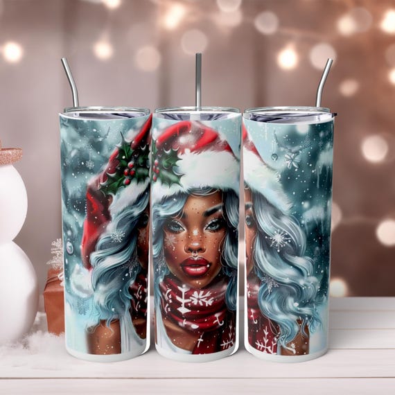 Black Women Christmas Skinny Tumbler with Straw, 20oz - Unique Gift for Her, Afrocentric Holiday Gift for Friend, Cute Blue Tumbler, Black