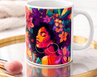Afrocentric Coffee Mug, Black Girl Magic, Floral Melanin Queen Art