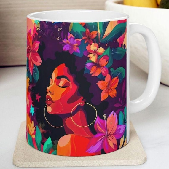 African American Woman Art Ceramic Mug, Black Culture Afrocentric Coffee Tea Lover Gift, Urban Ethnic 11oz 15oz, Black Art Sister Friend