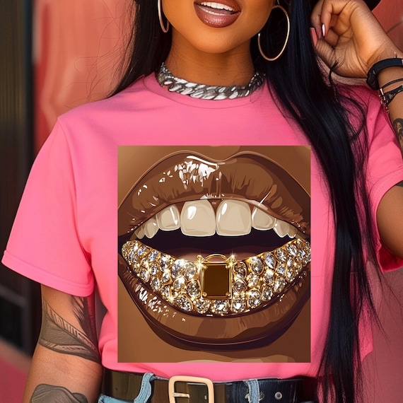 Sparkling Lips Unisex Heavy Cotton Tee - Glamour Shirt, Trendy Streetwear, Gift for Fashion Lovers, Party Wear, Unique Graphic Tee