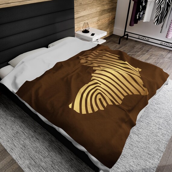 Brown Gold Africa Velveteen Plush Blanket - Afrocentric Home Decor, Black Culture Bedroom Bedding, Unique Christmas Gift