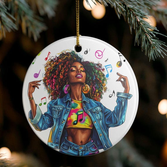 Afrocentric Music Girl Ceramic Ornament, Holiday Decoration