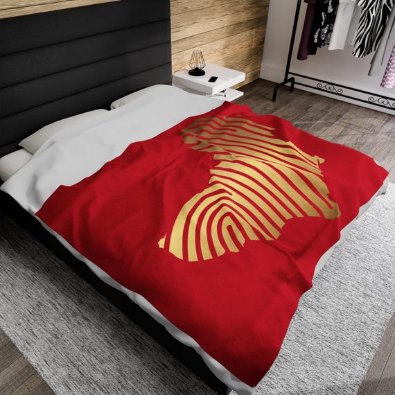 Red Gold Africa Velveteen Plush Blanket - Afrocentric Home Decor, Black Culture Bedroom Bedding, Unique Christmas Gift