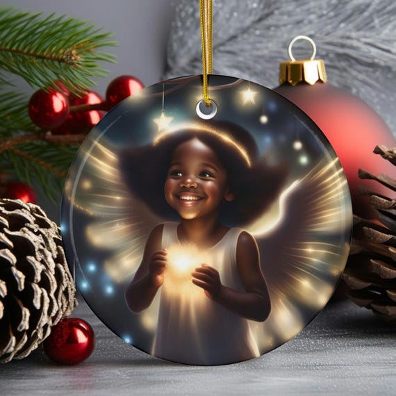 Ceramic Ornament - African American Girl Angel Ornament, Afrocentric Black Culture Christmas Gift for Daughter, Mom, Nana, Grandma,
