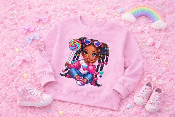 Candy Heart Girl Rainbow Lollipop Toddler Sweatshirt | Afrocentric Black Girl Crewneck