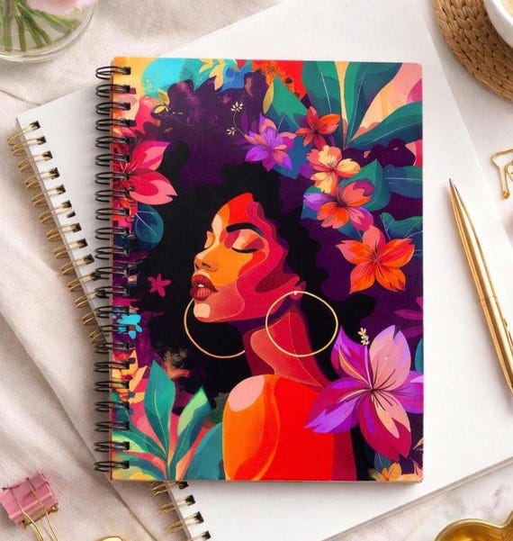 Personalized Afro Queen Journal | Floral Black Woman Art Notebook