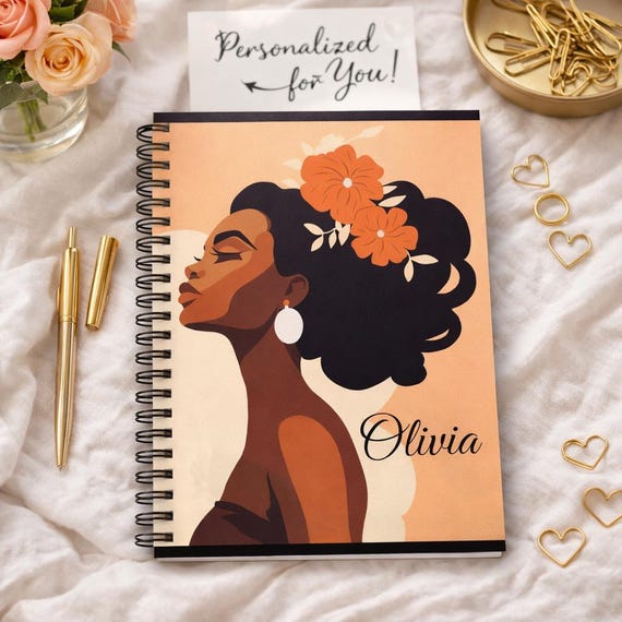 Afro Woman Profile Notebook | Spiral Ruled Journal, Personalized Name Option