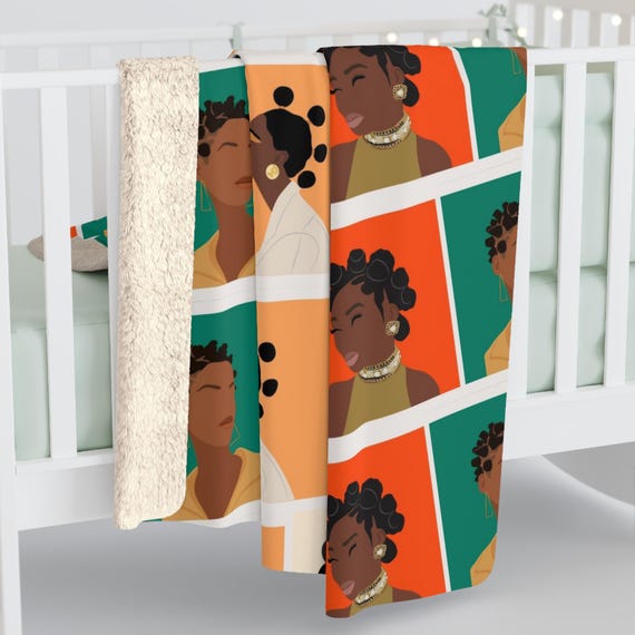 Afrocentric Sherpa Fleece Blanket - Artistic Black Women Cultural Afrocentric Gift, Gift Black Woman, Home Decor, African American, Urban,