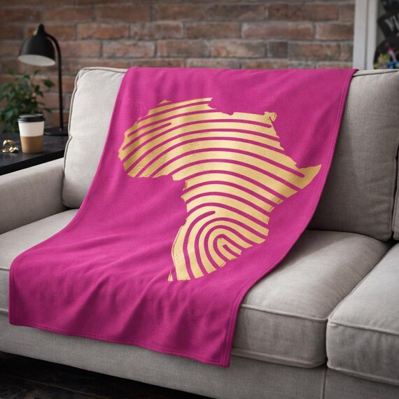 Pink Gold Africa Velveteen Plush Blanket - Afrocentric Home Decor, Black Culture Bedroom Bedding, Unique Christmas Gift