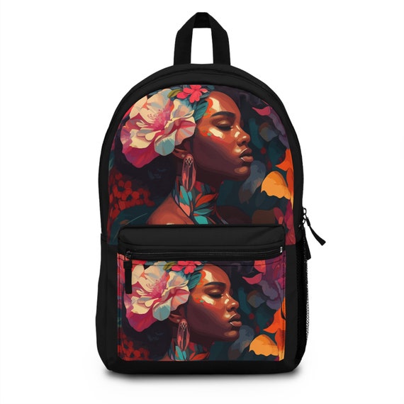 Black Art Backpack, Floral Woman Portrait, Lightweight  display picture 3
