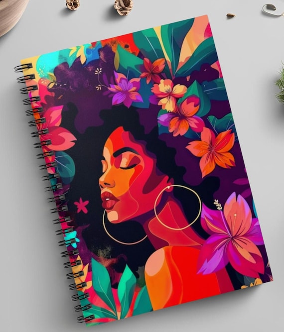 Afrocentric Black Woman Art Spiral Notebook - Ruled Line, Gift for Journal Lovers, Black Culture Diary, Urban Floral Journal, Colorful