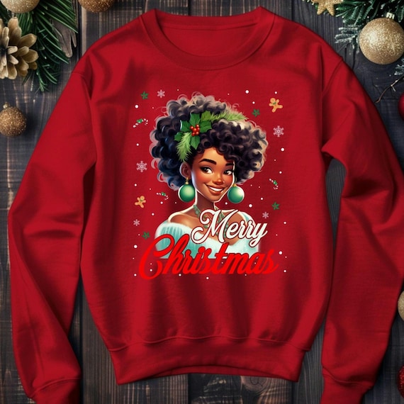 Black Woman Christmas Sweatshirt, Red Holiday Sweater Gift for Mom, Wife, Friend, Daughter, Afrocentric Culture Xmas Jumper, Unisex Crewneck