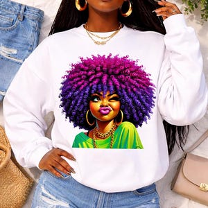 Bluza z nadrukiem Afro Queen, okrągły dekolt Black Girl Magic, naturalne zdobienie włosów