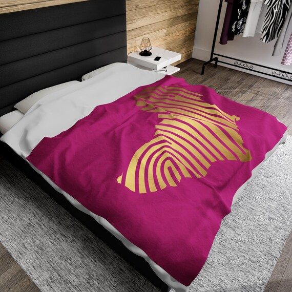 Pink Gold Africa Velveteen Plush Blanket - Afrocentric Home Decor, Black Culture Bedroom Bedding, Unique Christmas Gift