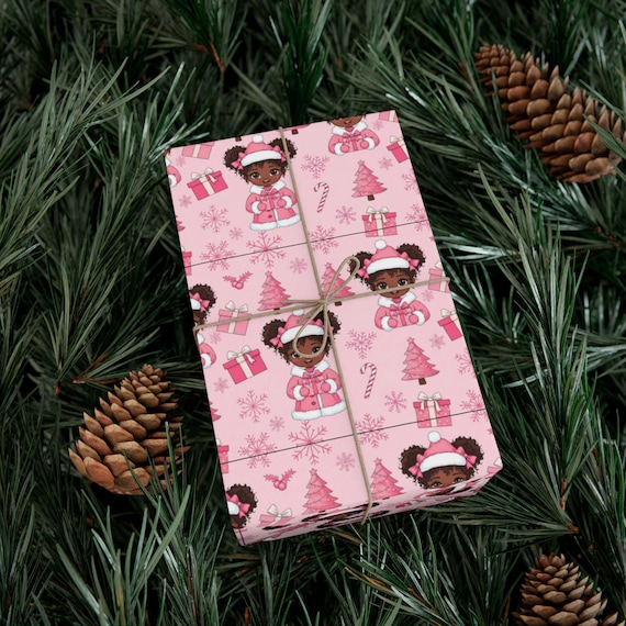 Black Girl Santa Hat Gift Wrap | Pink Christmas Pattern