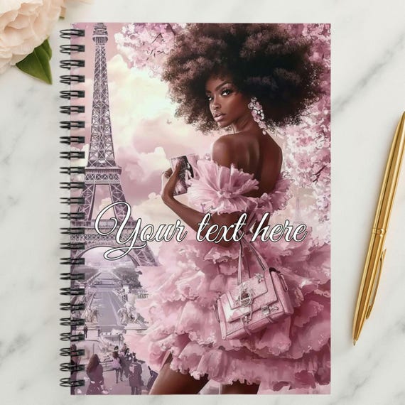 Fashion Notebook: Cute Pink Black Girl in Paris - Personalizeable African American Spiral Notebook, Gift, Ruled Line Journal, School