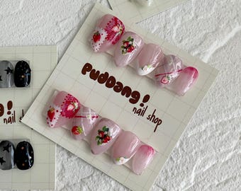 Mail From The Strawberry Farm / Strawberry Picnic Press On Nails / Handmade Press On Nails / Summer Strawberry Press On Nails