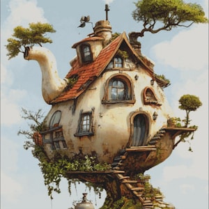 Può includere: Illustrazione stravagante di una casa a forma di teiera con tetto di tegole rosse, finestre e un camino. La casa è incastonata in un albero, con scale che conducono a una porta. Il fogliame verde e i piccoli alberi aggiungono all'estetica fiabesca.