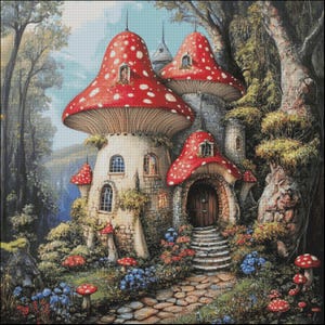 May include: A multi-level stone dwelling shaped like red and white spotted mushrooms, featuring arched windows, a wooden door, and stone steps. The structure is surrounded by a forest landscape with small red mushrooms and blue flowers along a stone path.